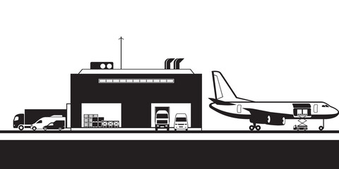 Obraz premium Cargo terminal with airplane and trucks at airport – vector illustration