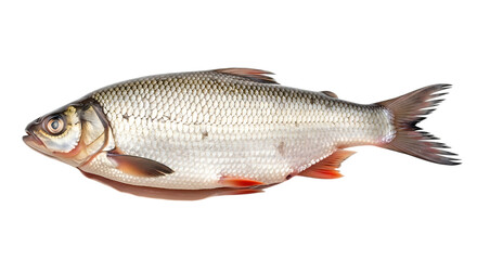 Fototapeta premium Isolated on transparent background, a common rudd fish, a freshwater species of cyprinid, showcasing its silver scales, red fins, and streamlined body, a popular catch for anglers
