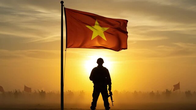 Soldier silhouette with Vietnam flag waving on a clear sky