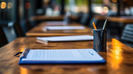 Office Desk with Stationary Items and Blurry Background Elements
