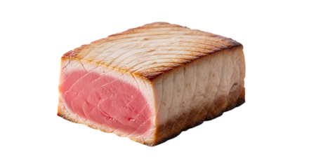 A single, perfectly seared tuna steak, isolated on transparent background, reveals a vibrant, rare center, promising a delicious and healthy culinary experience