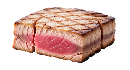 Closeup of a grilled tuna steak cut into pieces, isolated on transparent background, showcasing its seared exterior and rare, pink interior, perfect for a healthy and delicious meal