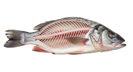 Fish skeleton isolated on transparent background, showcasing the intricate bone structure and anatomical details of the marine animal for scientific study and education