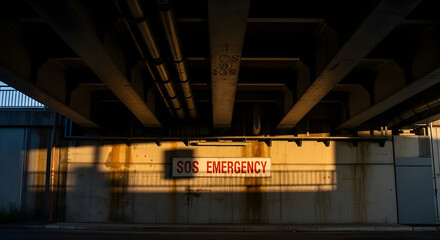 Urban Underpass Featuring Sos Emergency Sign In Contrasting Shadows And Light