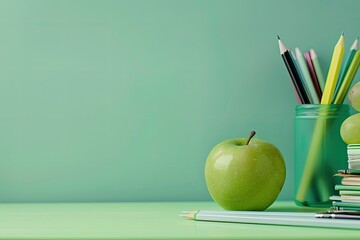 Ultra Hd Picture of Green Apple and Kit of Stationery