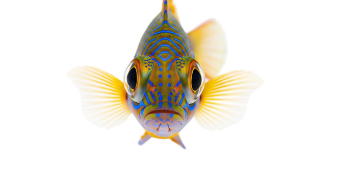 Colorful tropical fish isolated on transparent background, a closeup studio shot showcasing its vibrant blue and yellow patterns, ideal for marine biology or aquarium themes