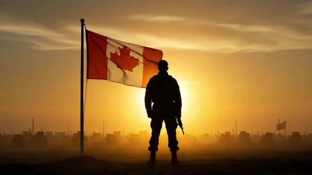 Soldier silhouette with Canada flag waving on a cloudy day