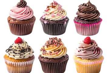 High Definition Visual of Set of Cute Delicious Cupcakes on White Background