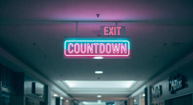 Vibrant Countdown Announcement With Illuminated Neon Glow And Exit Sign