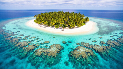 Paradise Island: An aerial view of a tropical island surrounded by turquoise waters and vibrant coral reefs, showcasing the breathtaking beauty of nature.