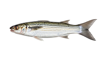 Obraz premium A mullet fish isolated on transparent background, showcasing its silver and striped body, fins, and aquatic nature, representing marine wildlife and the beauty of the ocean