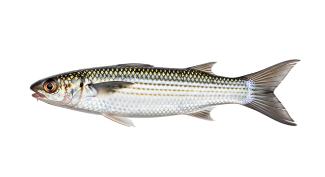 A mullet fish isolated on transparent background, showcasing its silver and striped body, fins, and aquatic nature, representing marine wildlife and the beauty of the ocean