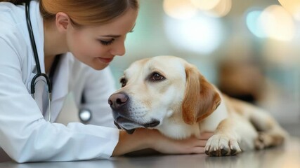 Compassionate veterinarian examines docile yellow labrador retriever in bright, modern clinic. dog appears calm, comfortable. This represents trust between animals, healthcare providers.