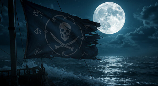 A dramatic scene of a tattered pirate flag with a skull and crossed swords symbol flying on a ship at night, under a huge, glowing full moon over a turbulent ocean. Evokes adventure, mystery, and