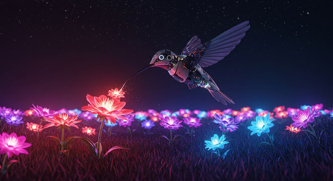 A futuristic robotic hummingbird hovers over a vibrant field of glowing neon flowers under a starry night sky, blending technology with nature for AI, science, and environmental concepts - Powered by Adobe