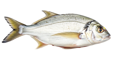 A gilthead bream fish isolated on transparent background, showcasing its distinctive golden mark on its head and its overall silvery appearance in great detail