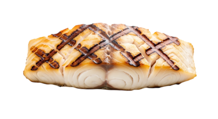 Grilled halibut steak isolated on transparent background presents a delectable and nutritious seafood choice, ideal for a refined dining experience with its delicate texture