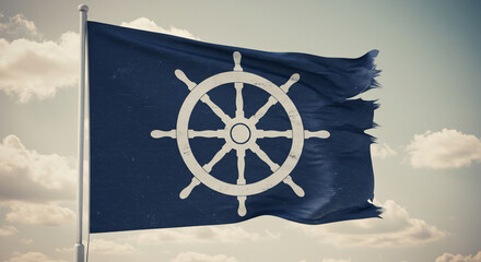 A distressed blue flag with a white ship's wheel waves against a cloudy sky, symbolizing navigation, leadership, and resilience on a challenging journey. Ideal for maritime and adventure themes