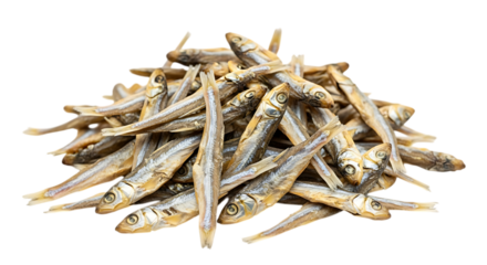 Pile of dried anchovies isolated on transparent background, a traditional asian ingredient with a strong, salty flavor, perfect for adding umami to dishes
