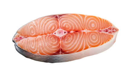 Isolated on transparent background, a fresh salmon steak with intricate patterns and vibrant colors, showcasing its healthy omega3 fatty acids in a studio shot