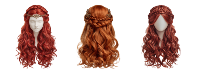 Beautiful Red Wigs Set on Transparent Background for Display Purpose