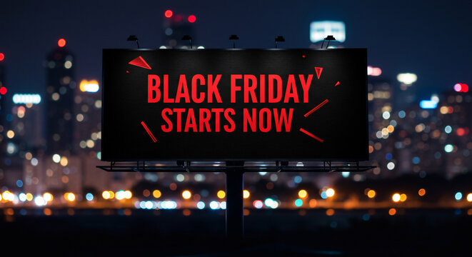 A prominent digital billboard displaying "BLACK FRIDAY STARTS NOW" in bold red text, illuminated against a blurred urban cityscape at night. Ideal for commercial holiday sales, urgent advertising
