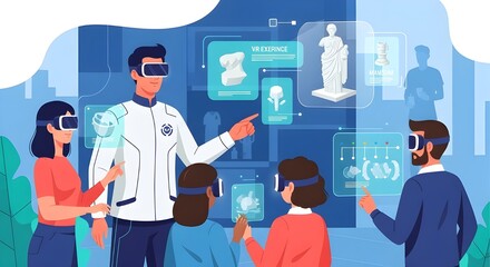 Students in a virtual reality classroom experiencing an interactive museum tour. A teacher guides them through holographic displays of ancient artifacts.