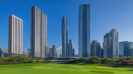Fototapeta premium Urban Park with Clear Views of Modern Skyscrapers