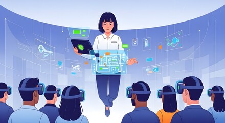 Businesswoman leading a presentation using holographic interfaces in a virtual reality environment for an immersive audience wearing VR headsets.