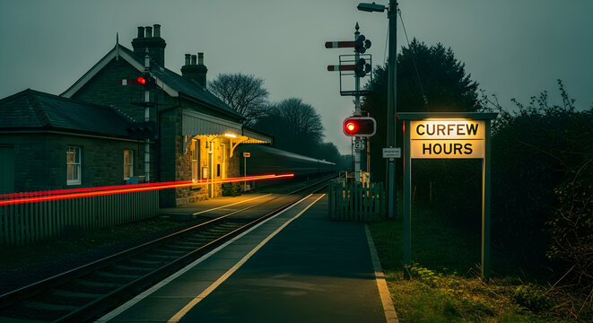 Twilight Departure: A Glimpse of Curfew Hours at Rural Train Station