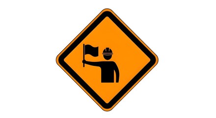 Flagger ahead warning road sign. Traffic control symbol with worker holding a flag for roadwork safety.