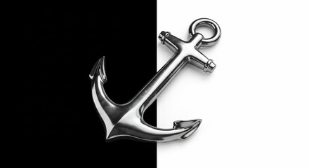 A shiny metallic anchor against a striking black and white split background, symbolizing stability, security, and nautical themes. Ideal for design, travel, or business concepts