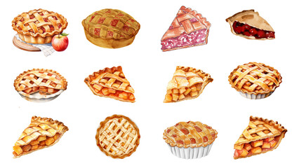 A delicious watercolor set of homemade apple pie illustrations, including whole pies and individual slices with lattice crusts. © febri