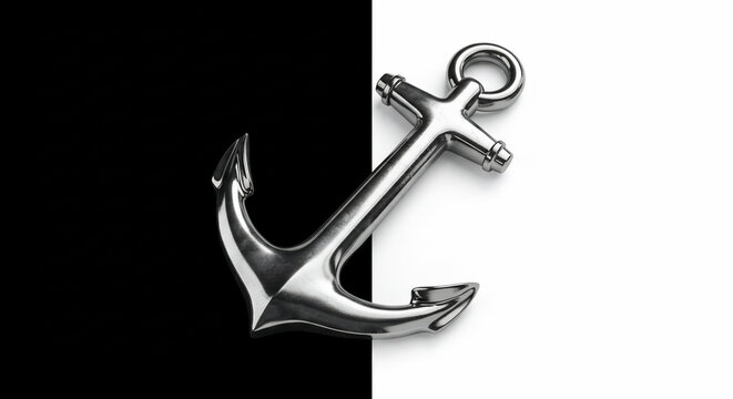 A shiny metallic anchor against a striking black and white split background, symbolizing stability, security, and nautical themes. Ideal for design, travel, or business concepts
