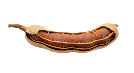 Closeup of a single tamarind fruit pod isolated on transparent background, showcasing its sweet and sour flavor, used as a versatile ingredient in asian cuisine