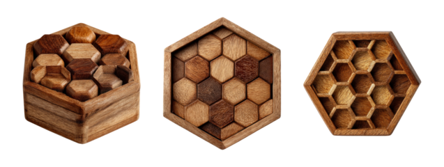 Wooden Hexagonal Puzzle Set on Transparent Background