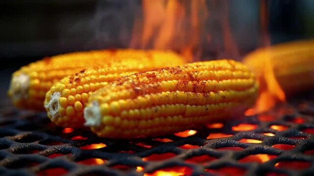 Street corn grill with glowing spice dust and charred texture
