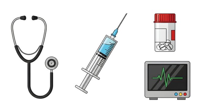 A collection of essential medical equipment illustrations, featuring a stethoscope, syringe, pill bottle, and heart monitor for healthcare concepts.