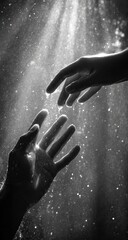 Two hands reaching, light and water