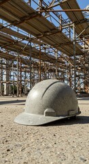 Safety helmet on dusty ground