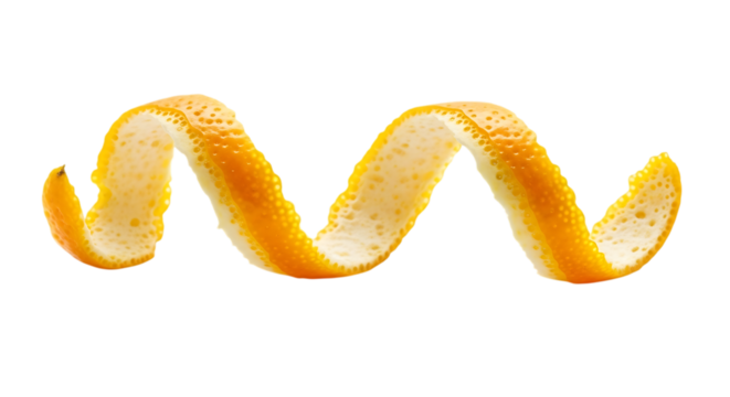 A twisted orange peel isolated on transparent background displays its vibrant color and unique texture, hinting at the citrus fruits aromatic and flavorful essence