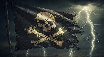 Fototapeta premium A tattered Jolly Roger pirate flag, illuminated by powerful lightning strikes in a dark, stormy sky with heavy rain. Evokes danger, adventure, cybersecurity, and rebellion