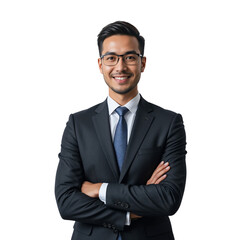 Smiling Asian Businessman In Suit And Glasses Arms Crossed Transparent Background