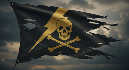 A tattered, distressed black pirate flag featuring a gold skull and crossbones with a lightning bolt, dramatically waving against a dark, stormy, ominous sky. Evokes rebellion, danger, and a