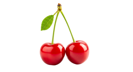 Two ripe red cherries with stems and leaves isolated on transparent background, a sweet and juicy summer fruit, perfect for healthy snacking and delicious desserts