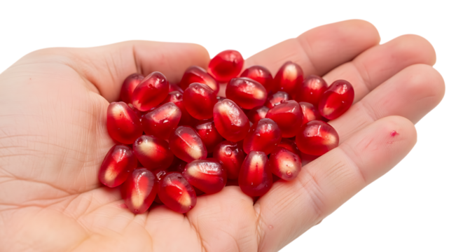 A hand holding a pile of vibrant red pomegranate seeds isolated on transparent background, showcasing their juicy texture and natural sweetness in a closeup studio shot