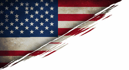 A textured grunge American flag background featuring red, white, and blue, diagonally split by a dynamic white brush stroke, providing clean copy space. Perfect for patriotic holidays like 4th of