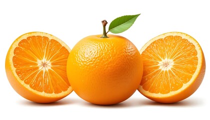 Fresh Oranges on White Background: Whole and Halved Citrus Fruit