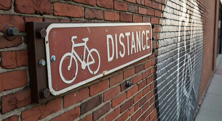 Urban Bicycle Route Sign On Weathered Brick Wall In a City Setting