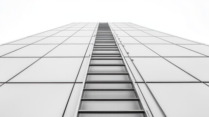 A metal ladder ascends a modern building facade reaching upwards toward sky